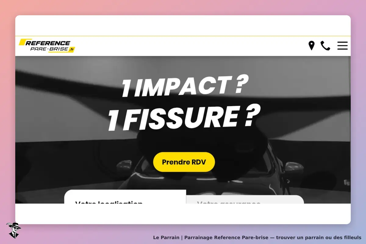 Reference Pare-brise : page d'accueil avec question sur impact et fissure, bouton pour prendre RDV