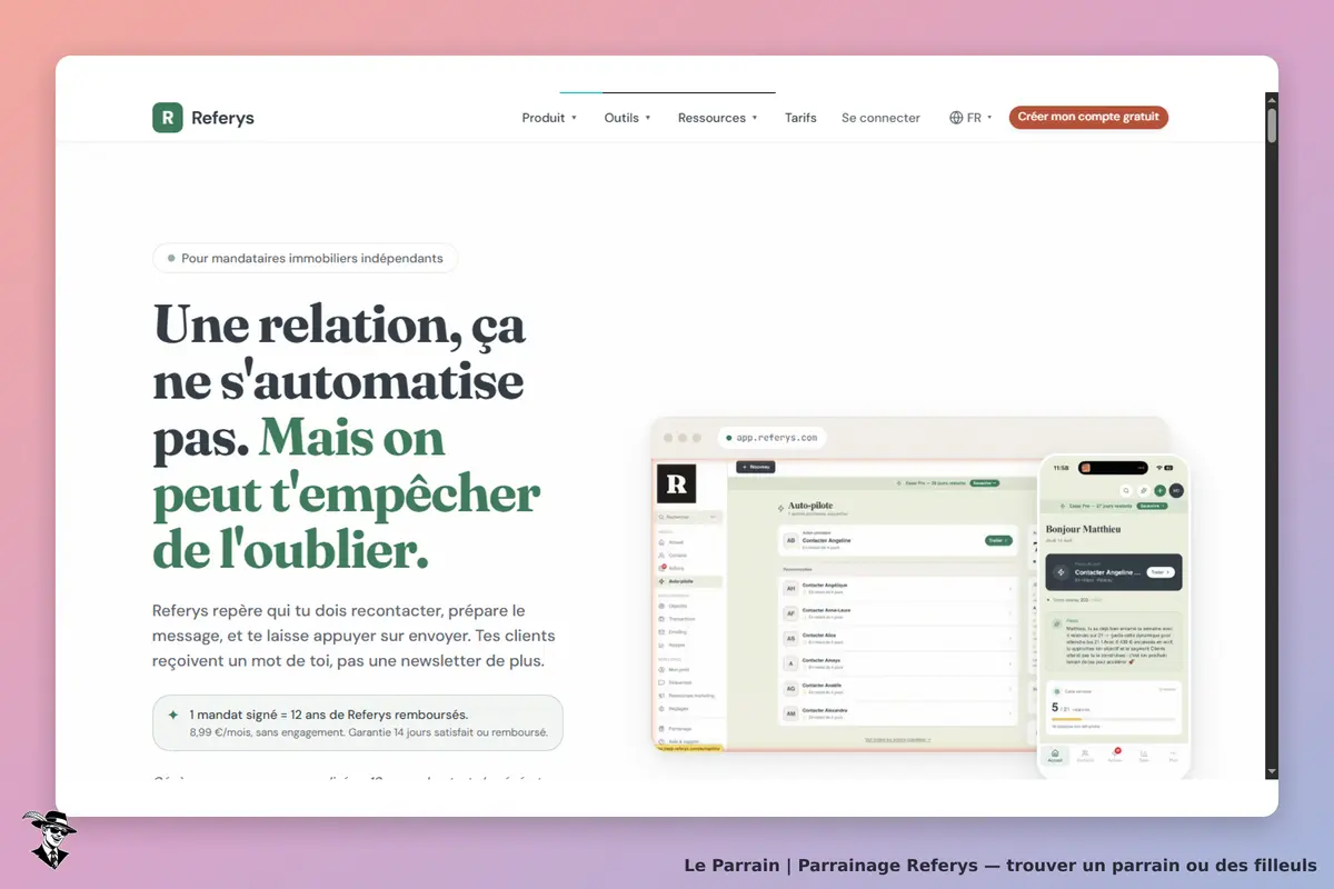 Referys : page d'accueil présentant un message sur la relation client et une interface utilisateur
