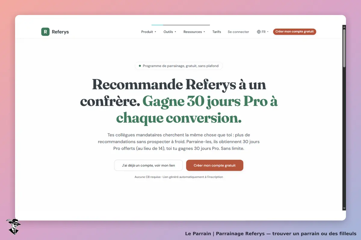 Referys : page d'accueil avec texte sur le parrainage et bouton pour créer un compte gratuit