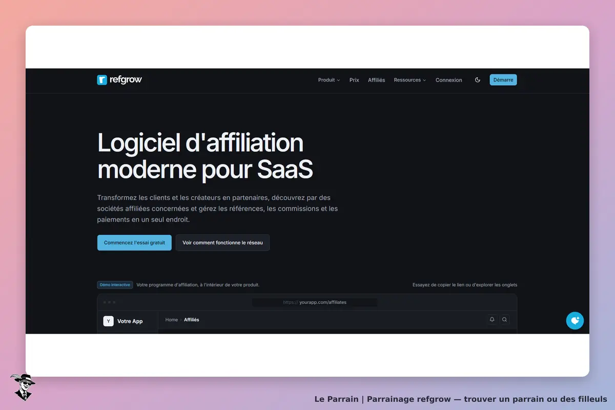 refgrow : page d'accueil présentant un logiciel d'affiliation moderne pour SaaS