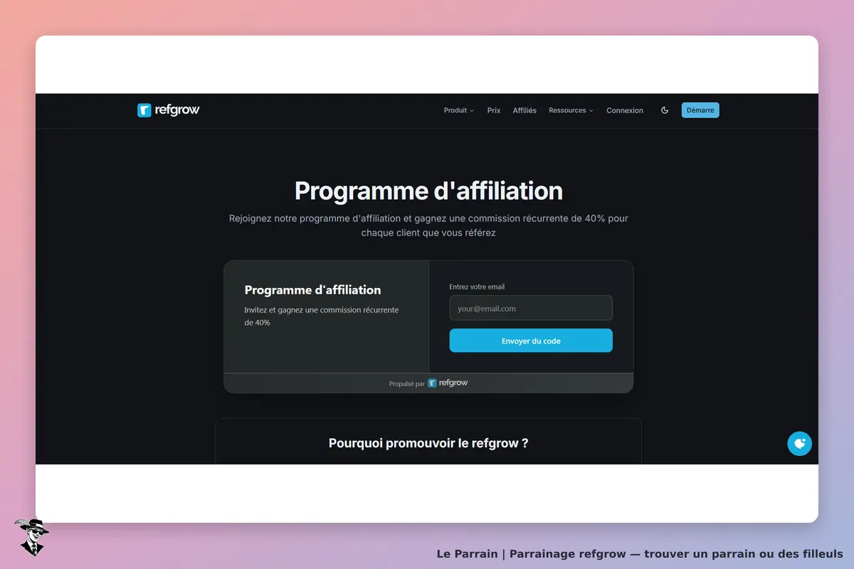 refgrow : page d'accueil du programme d'affiliation avec formulaire d'inscription et informations