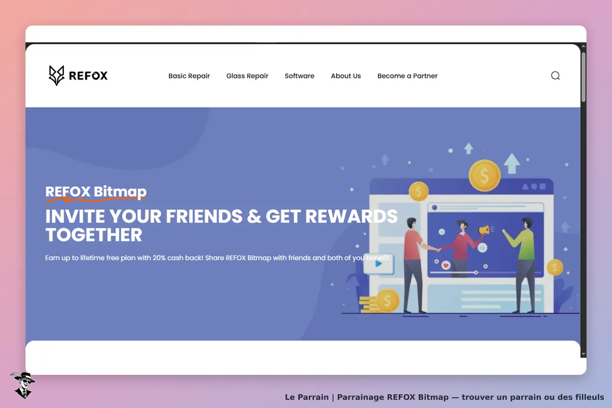 REFOX Bitmap : page d'accueil invitant à partager et à obtenir des récompenses ensemble