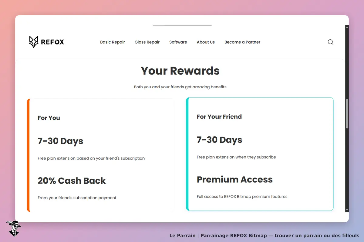 REFOX Bitmap : rEFOX : page d'accueil présentant les récompenses pour vous et vos amis