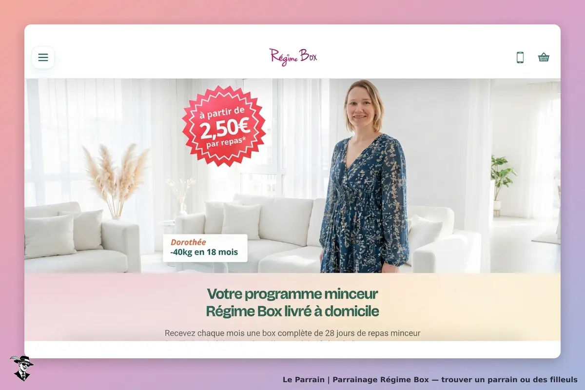 Régime Box : page d'accueil avec une femme souriante devant un canapé et des fenêtres lumineuses