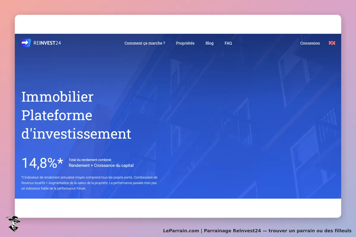ReInvest24 : page d'accueil présentant une plateforme d'investissement immobilier