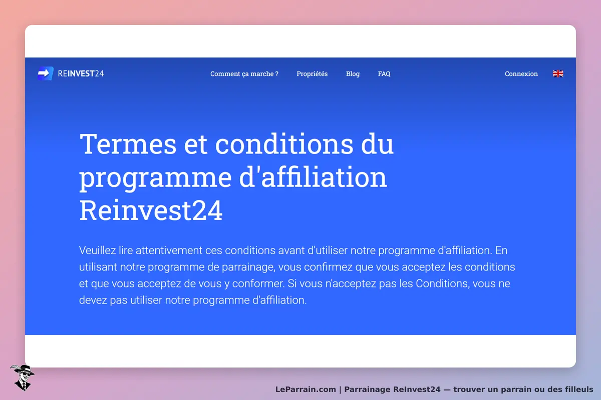 ReInvest24 : page des termes et conditions du programme d'affiliation affichée