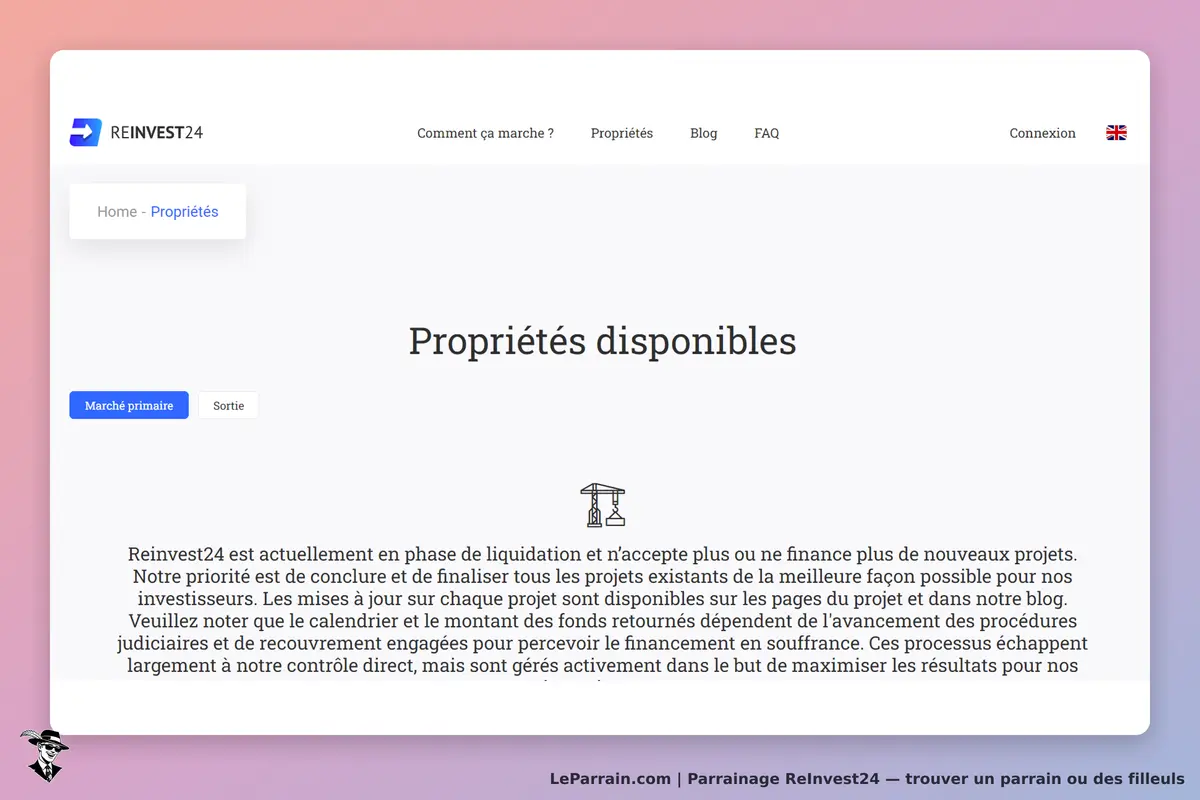 ReInvest24 : page des propriétés disponibles avec un message sur la phase de liquidation