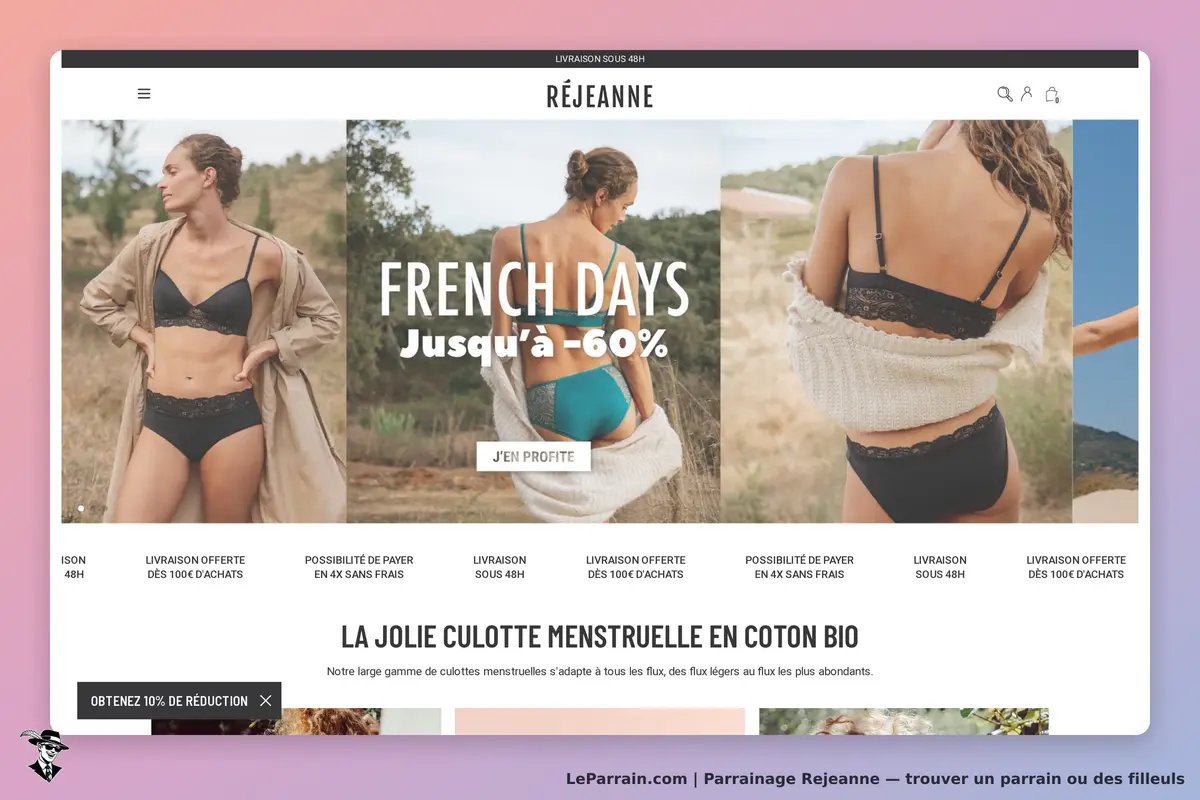 Rejeanne : page d'accueil affichant des modèles de lingerie et des promotions en cours