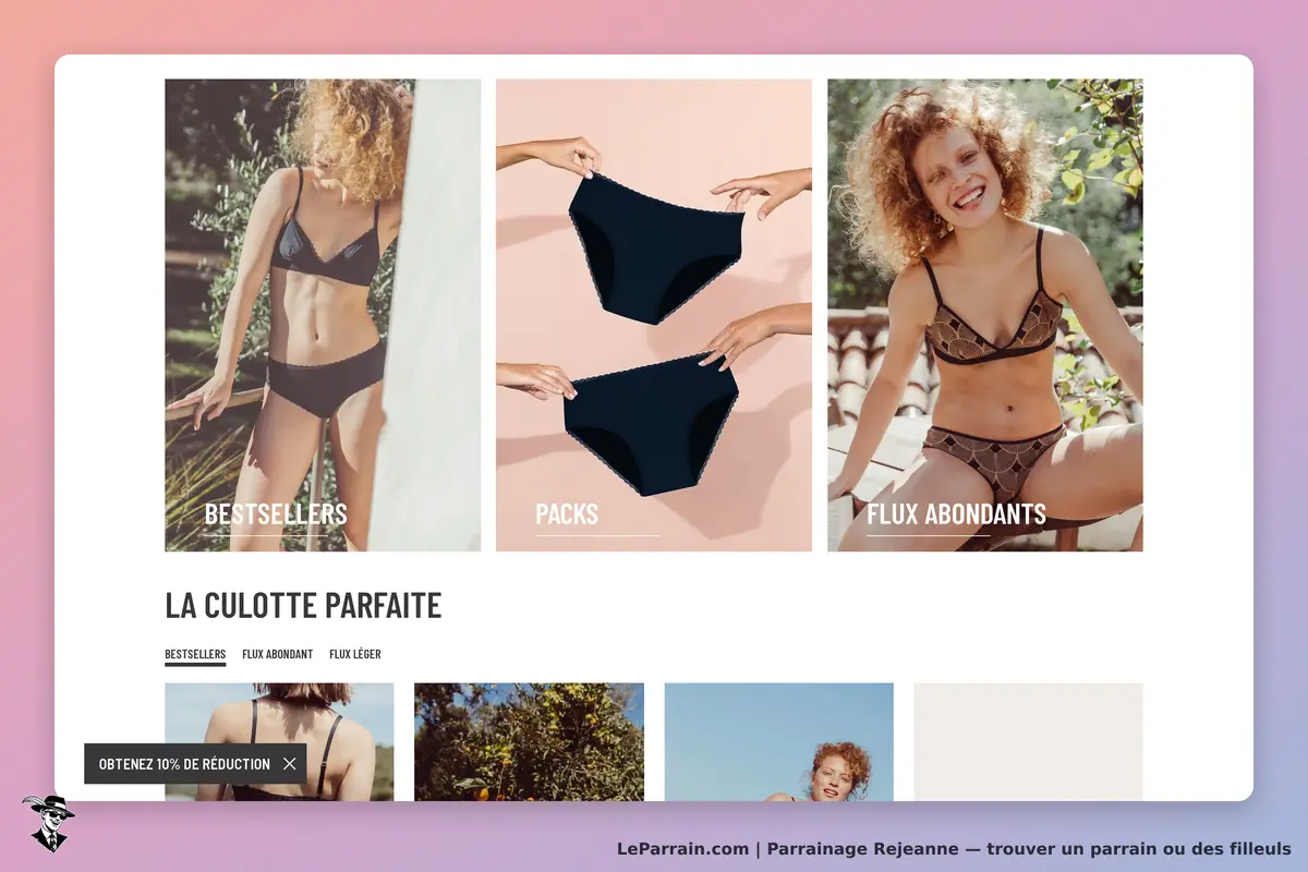 Rejeanne : page d'accueil avec des modèles de lingerie et sections bestsellers et packs