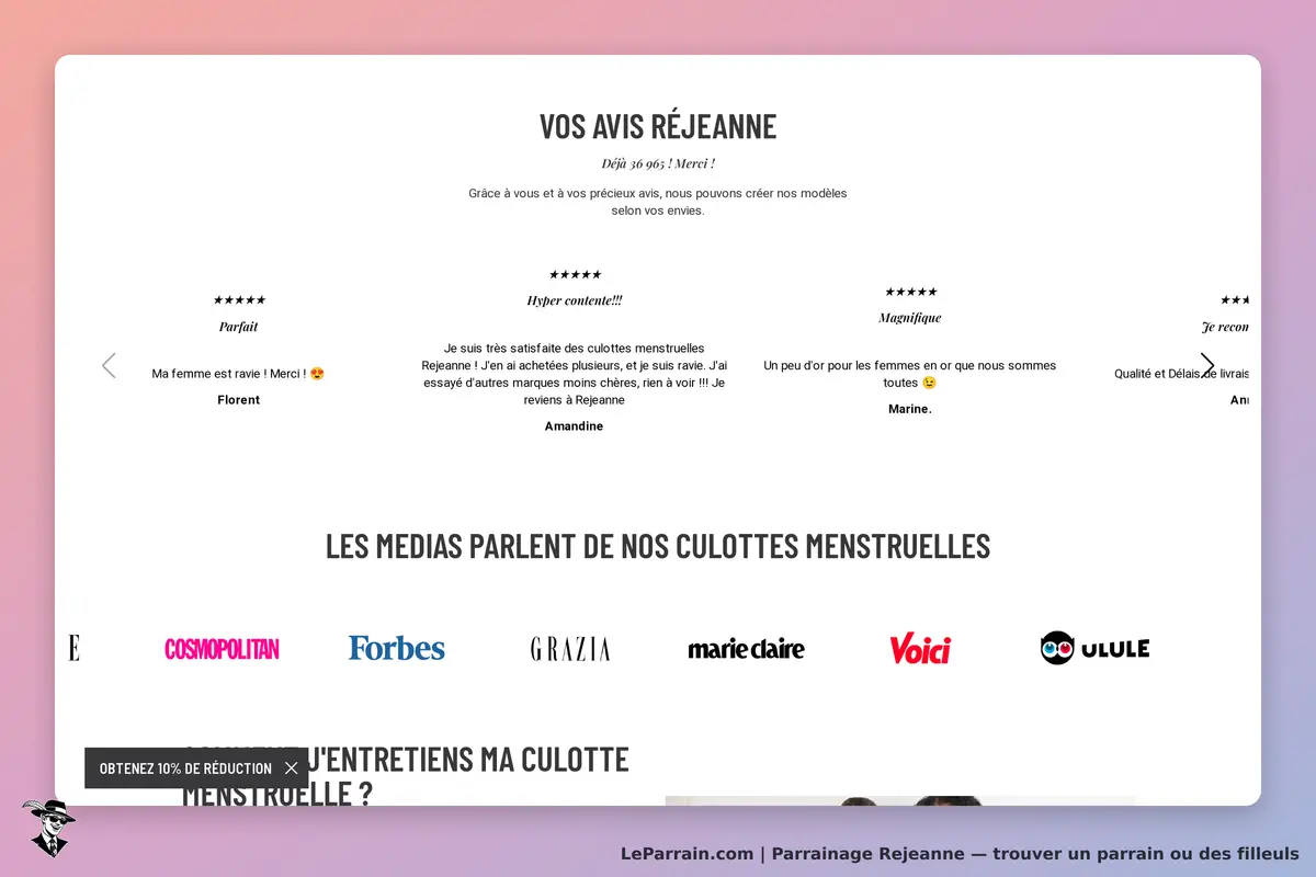 Rejeanne : avis clients sur les culottes menstruelles avec étoiles et commentaires. Médias cités