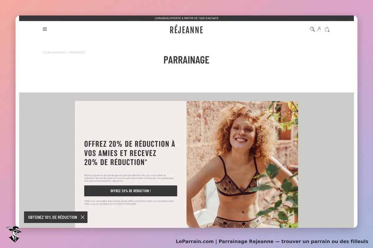 Rejeanne : page de parrainage avec une femme souriante en lingerie et un message promotionnel