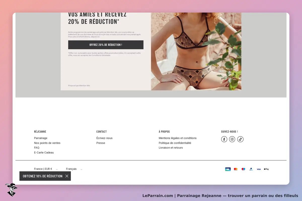 Rejeanne : modèle en lingerie posant à côté de plantes, avec un message sur le parrainage