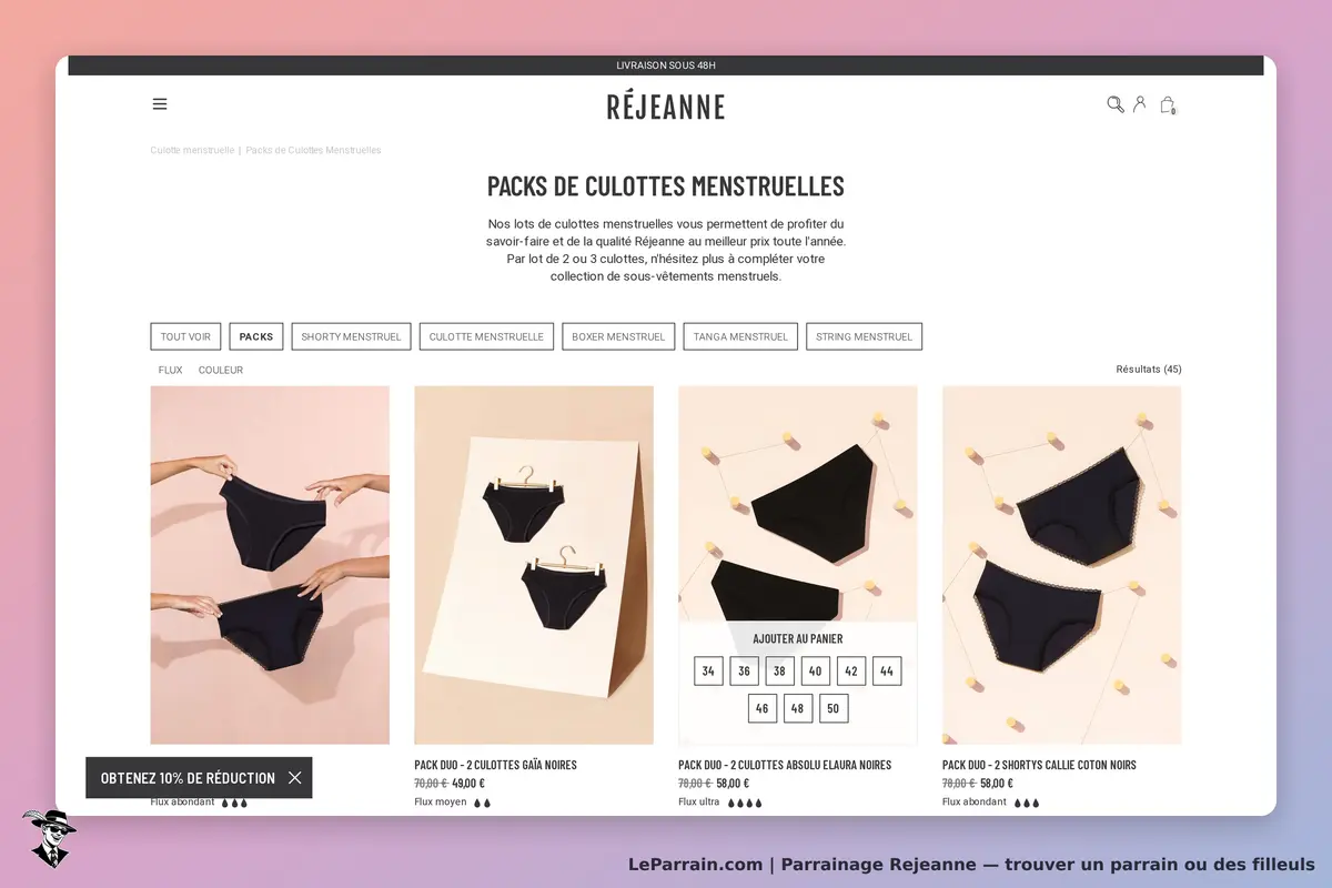 Rejeanne : réjeanne : page de catégorie avec packs de culottes menstruelles affichées sur fond