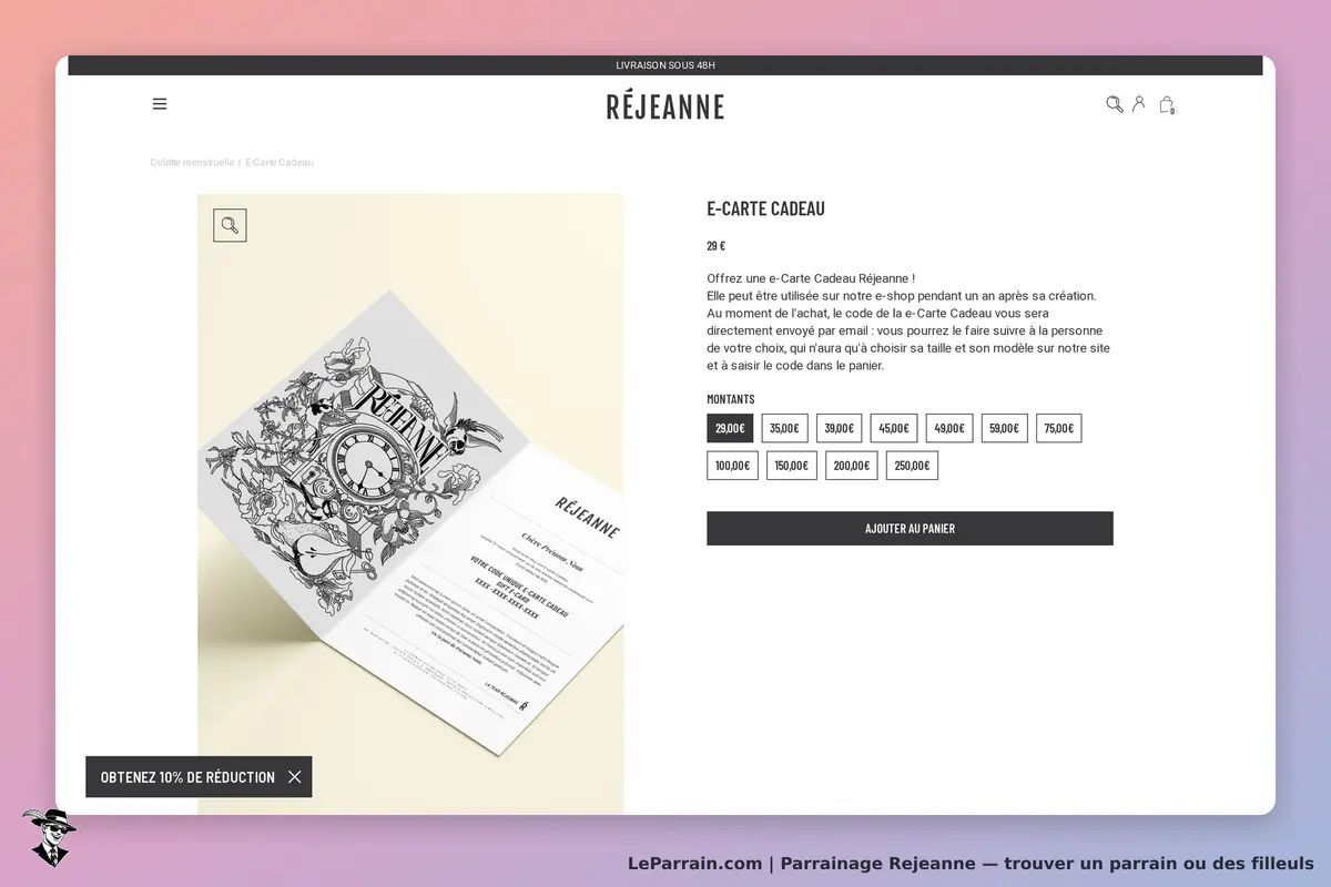 Rejeanne : e-carte cadeau avec design floral et options de montants affichées à droite