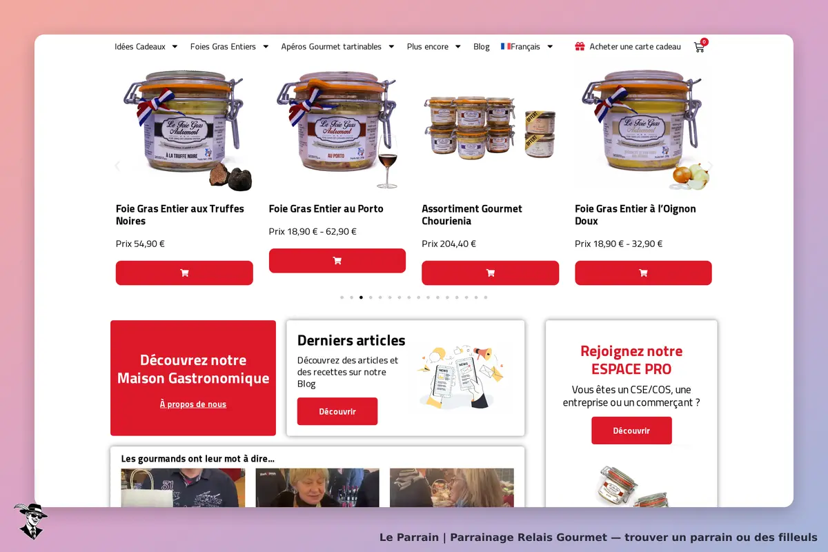 Relais Gourmet : page d'accueil présentant divers produits gastronomiques et options de navigation