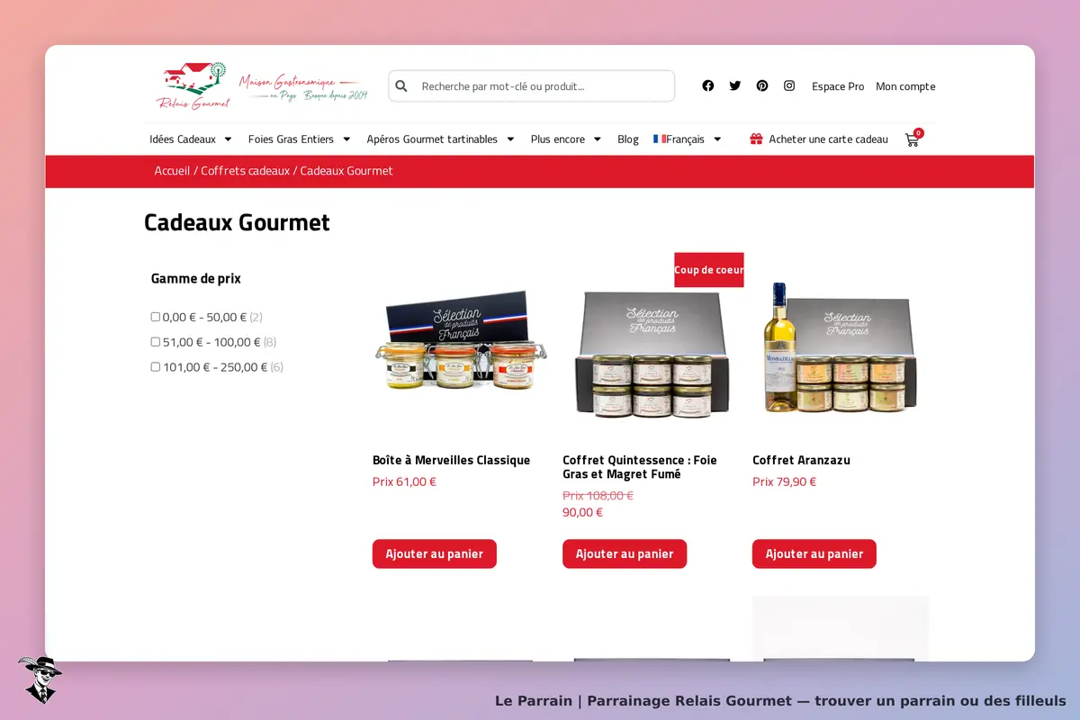 Relais Gourmet : page de catégorie avec différents coffrets cadeaux gourmets affichés