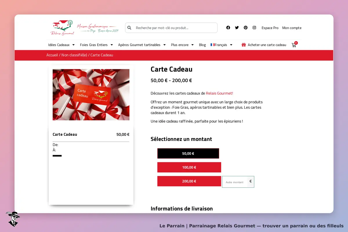 Relais Gourmet : page produit pour une carte cadeau avec options de montant et image festive