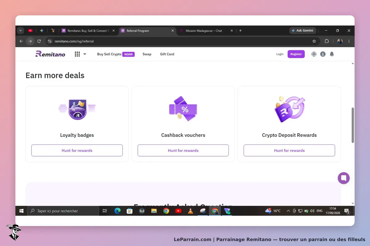 Remitano : section pour gagner des récompenses avec badges, bons de cashback et dépôts crypto