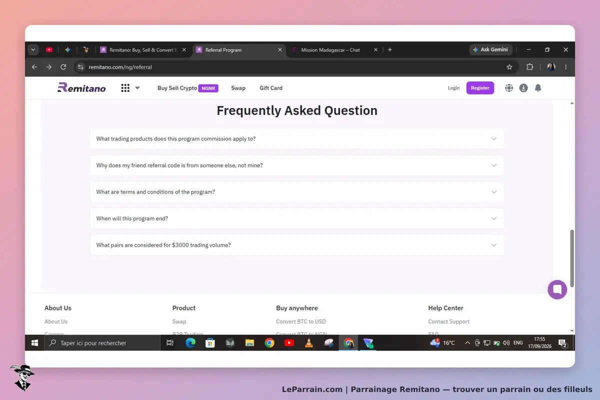 Remitano : page FAQ avec des questions sur le programme de parrainage et des options de navigation