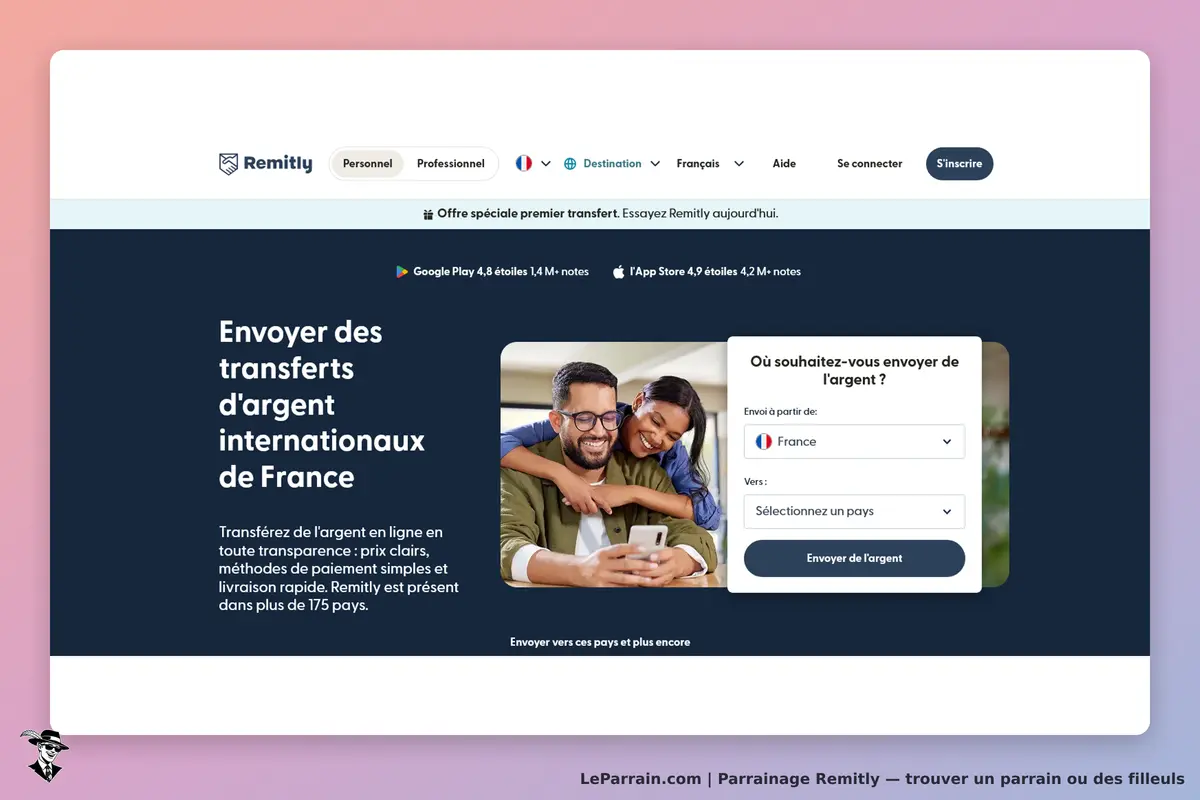Remitly : page d'accueil avec un formulaire de transfert d'argent international et un couple