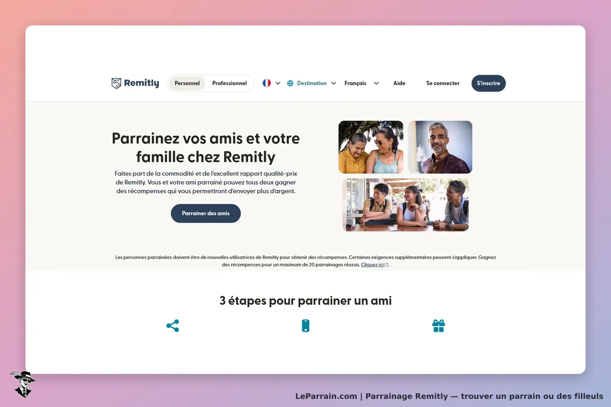 Remitly : page d'accueil avec invitation à parrainer des amis et images de personnes souriantes