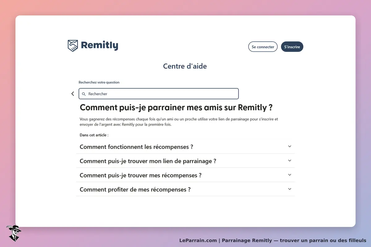Remitly : centre d'aide avec une barre de recherche et des questions fréquentes sur le parrainage