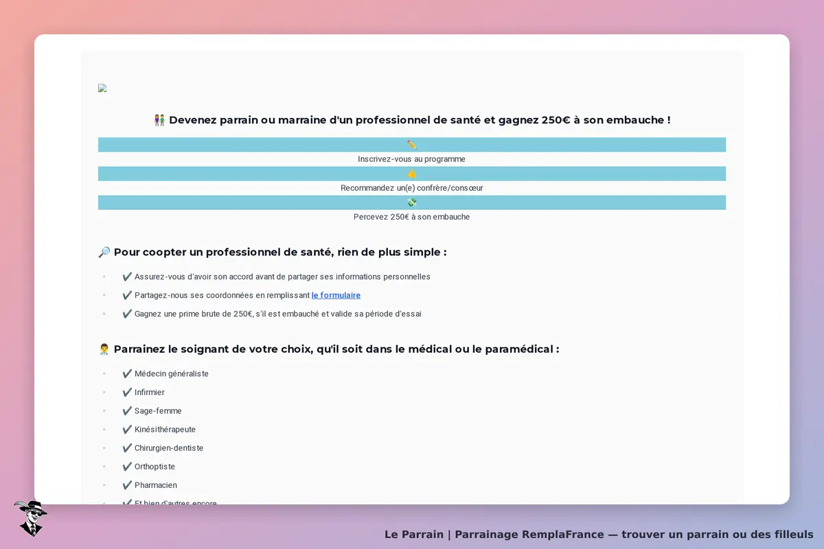 RemplaFrance : page d'accueil avec informations sur le parrainage d'un professionnel de santé