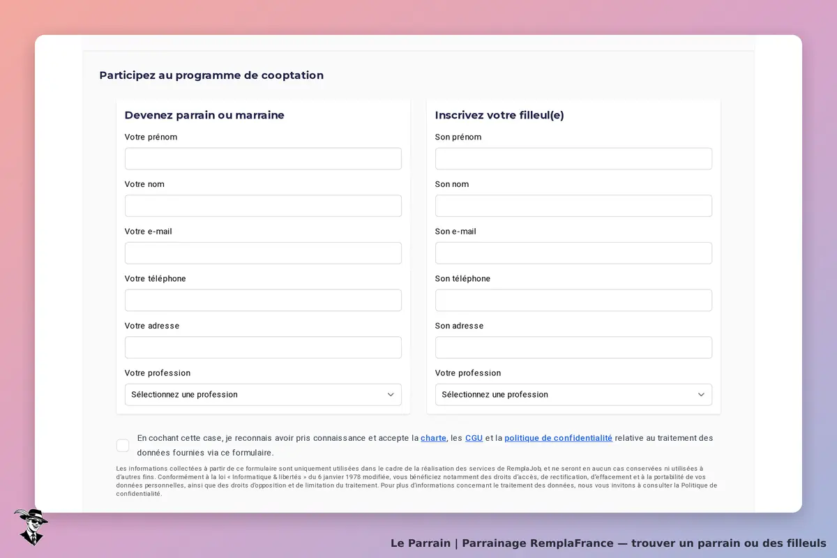 RemplaFrance : formulaire d'inscription au programme de cooptation avec champs à remplir