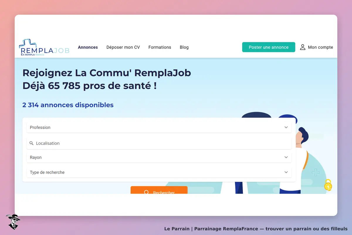 RemplaFrance : page d'accueil avec formulaire de recherche d'annonces de santé