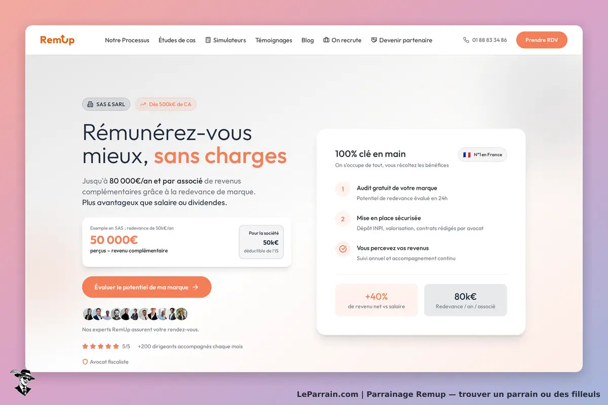 RemUp : page d'accueil présentant des services de rémunération sans charges
