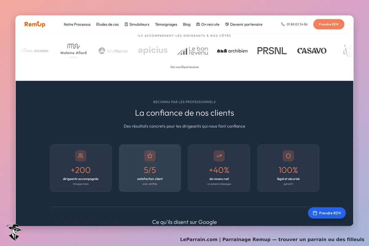 RemUp : page d'accueil avec des statistiques et témoignages clients sur fond sombre