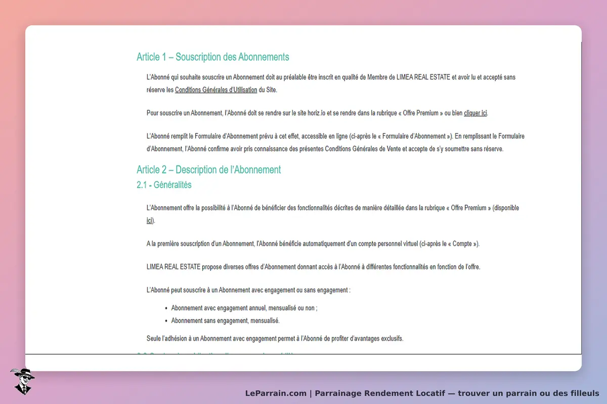 Rendement Locatif : texte des articles sur la souscription et la description de l'abonnement