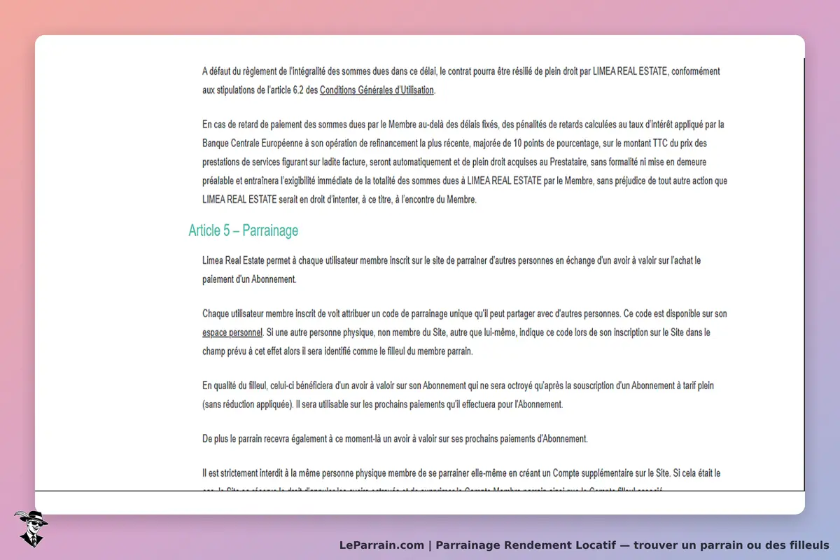 Rendement Locatif : texte d'un article sur le parrainage et les conditions d'utilisation