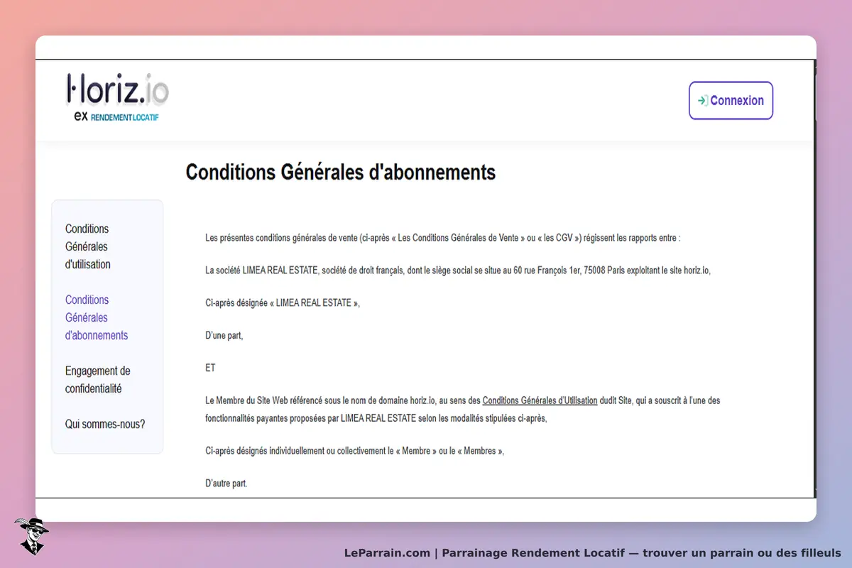 Rendement Locatif : conditions générales d'abonnements sur le site horizont.io