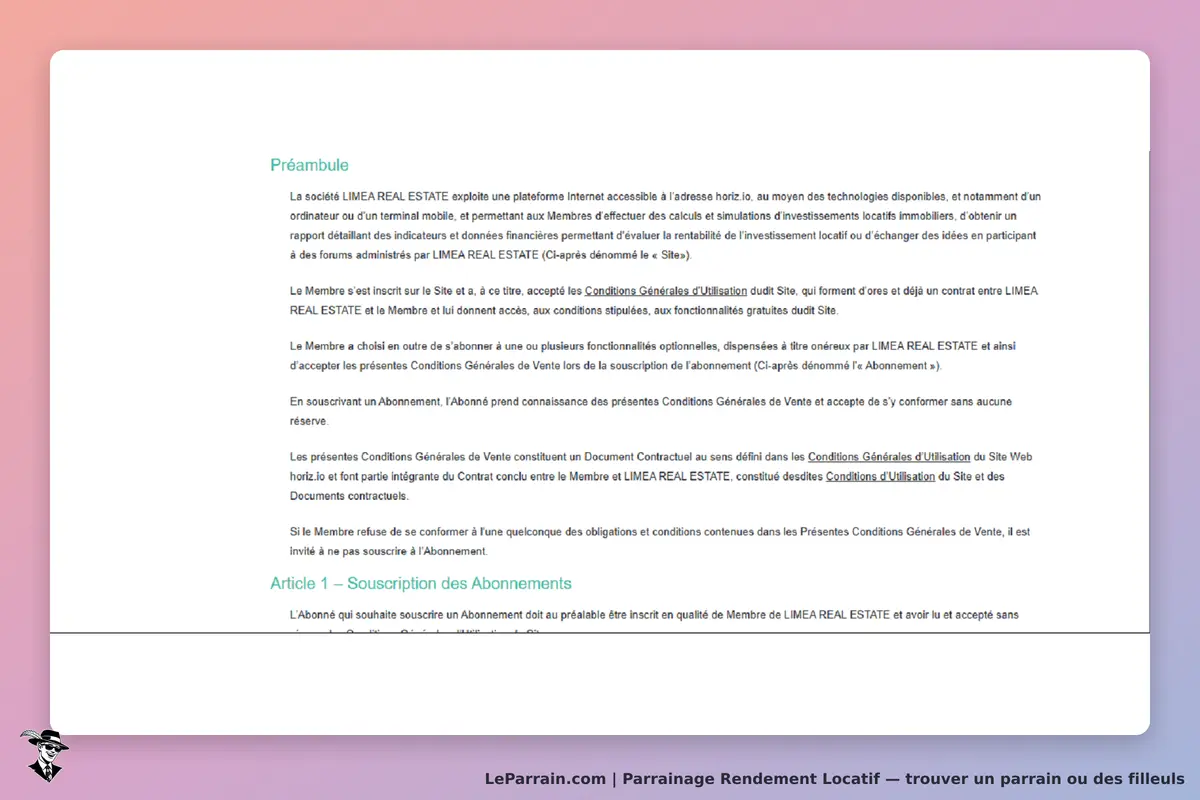 Rendement Locatif : texte des conditions générales d'utilisation de la plateforme Limea Real Estate