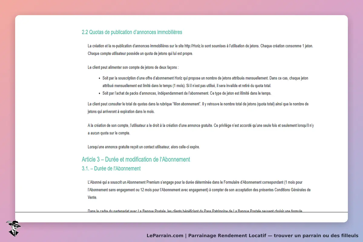 Rendement Locatif : texte sur les quotas de publication d'annonces immobilières et abonnement
