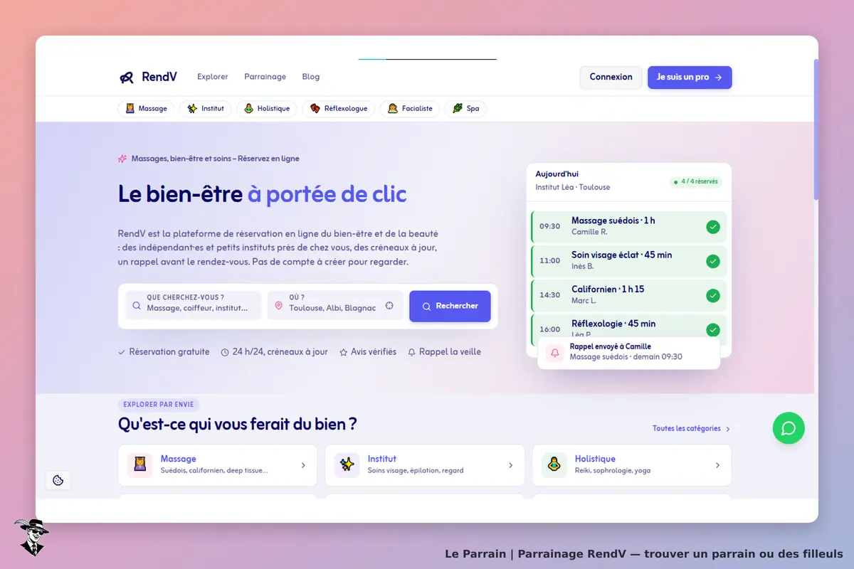 RendV : page d'accueil avec formulaire de réservation et liste de rendez-vous pour soins