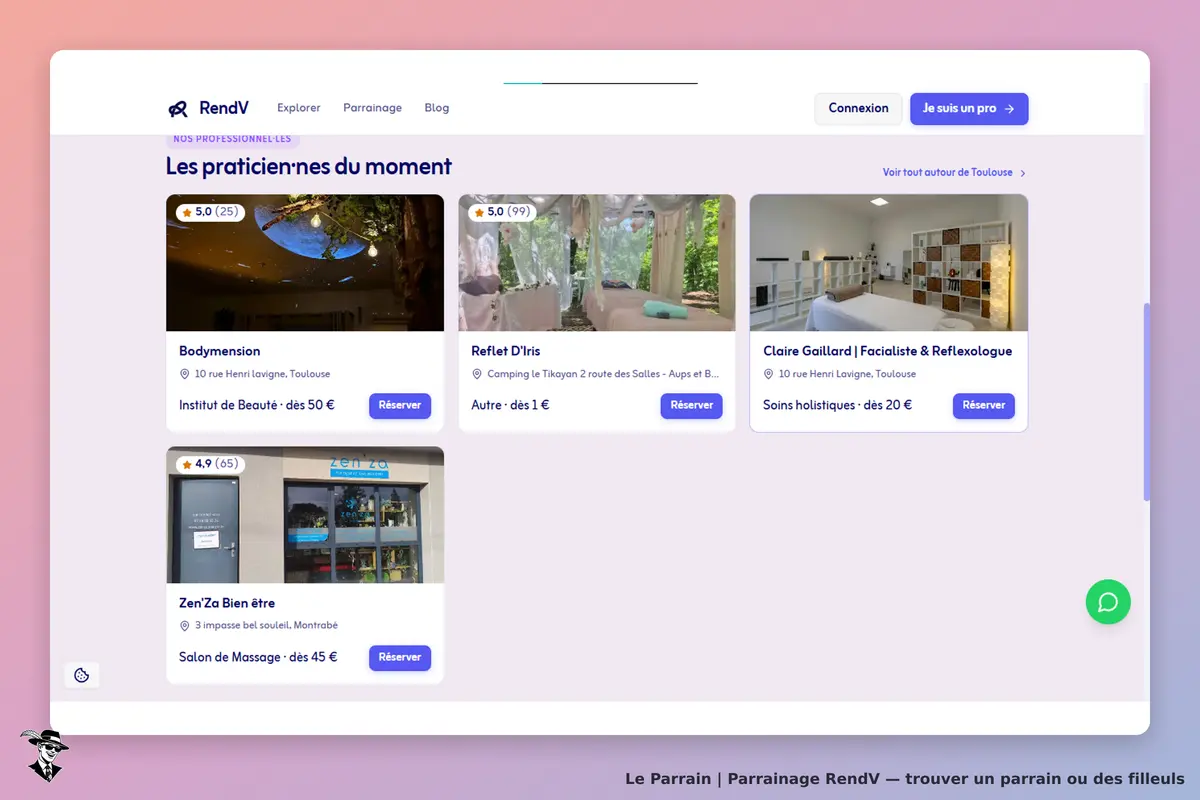 RendV : page d'accueil avec praticiens et options de réservation pour divers services