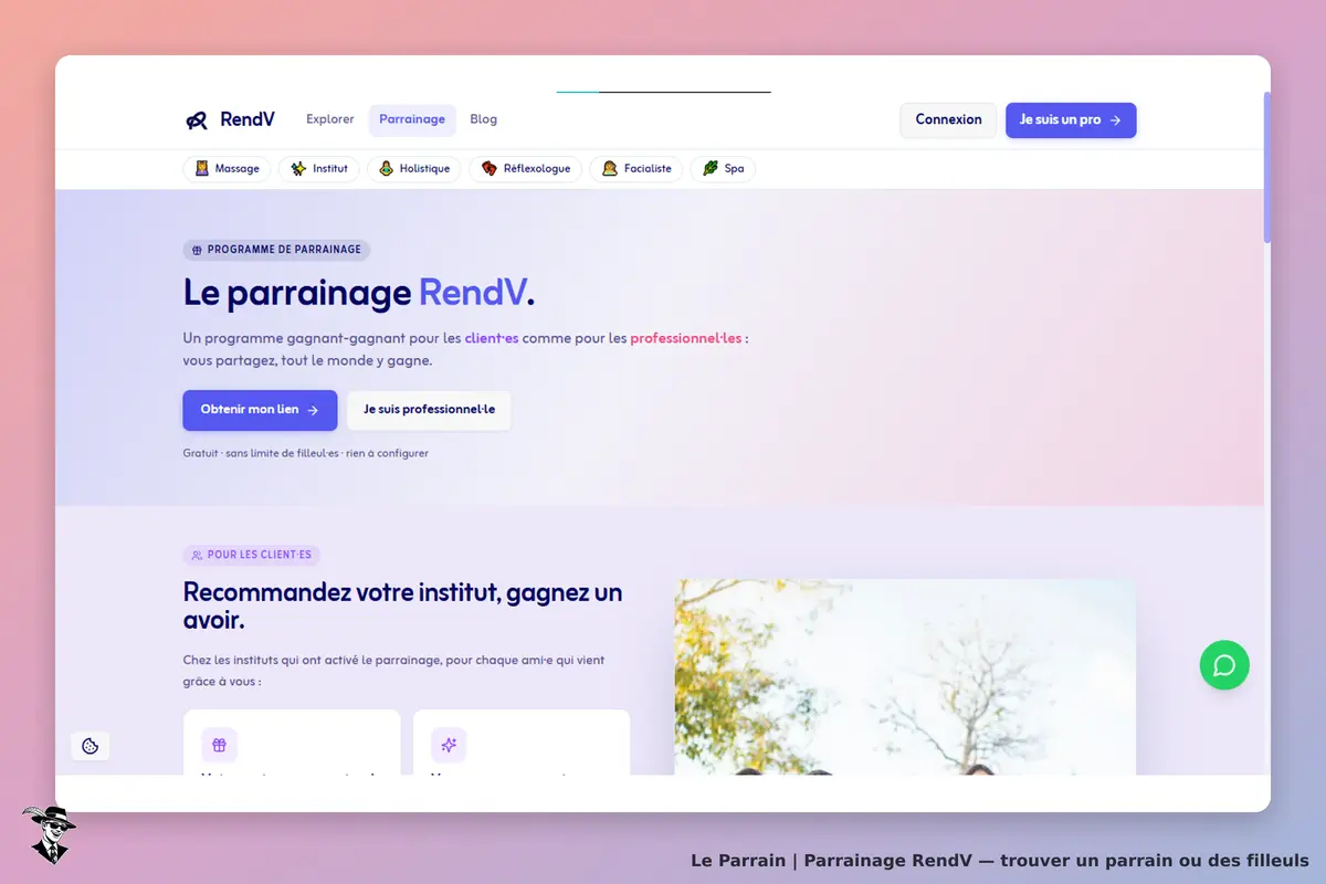 RendV : page d'accueil présentant le programme de parrainage et ses options pour les clients