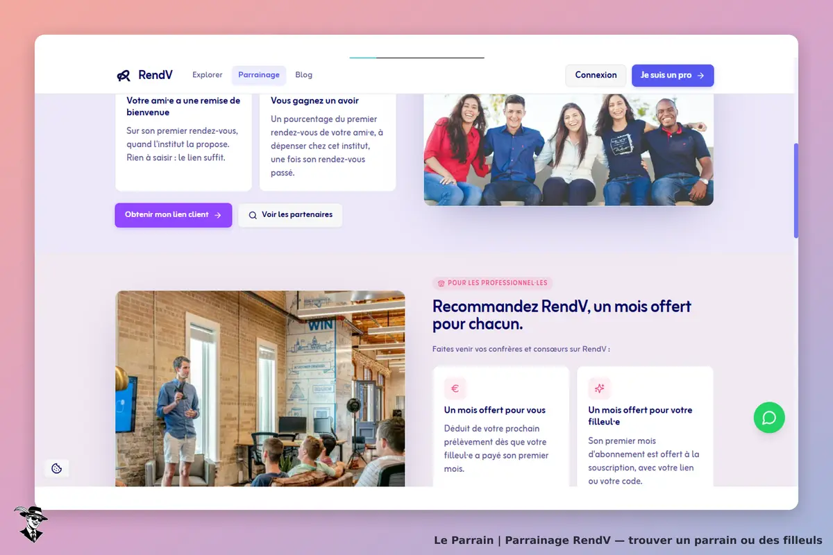 RendV : page d'accueil avec des informations sur le parrainage et une photo de groupe