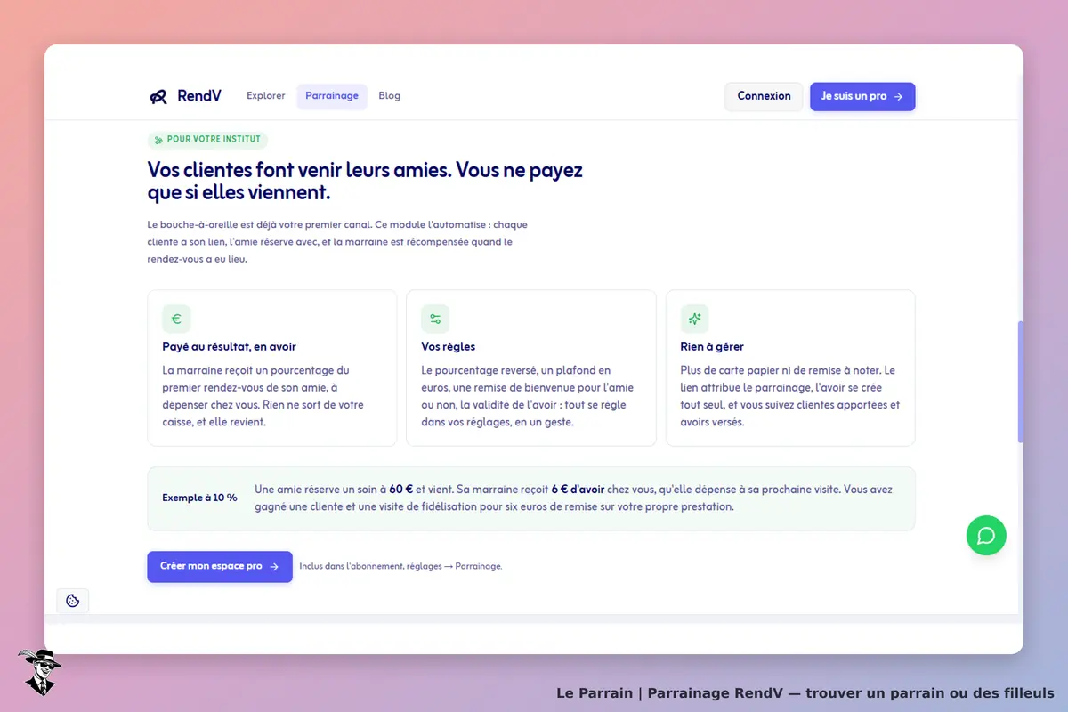 RendV : page d'accueil avec informations sur le parrainage et options de connexion
