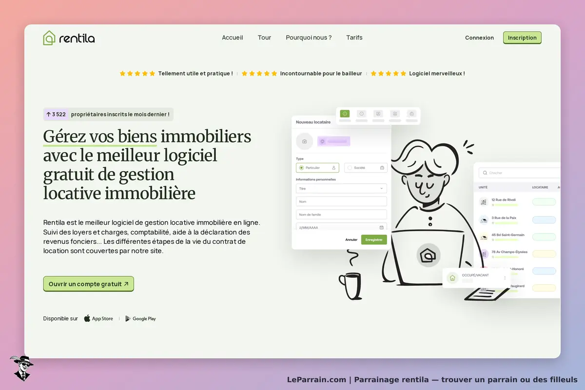 rentila : page d'accueil avec un formulaire d'inscription et une illustration d'utilisateur