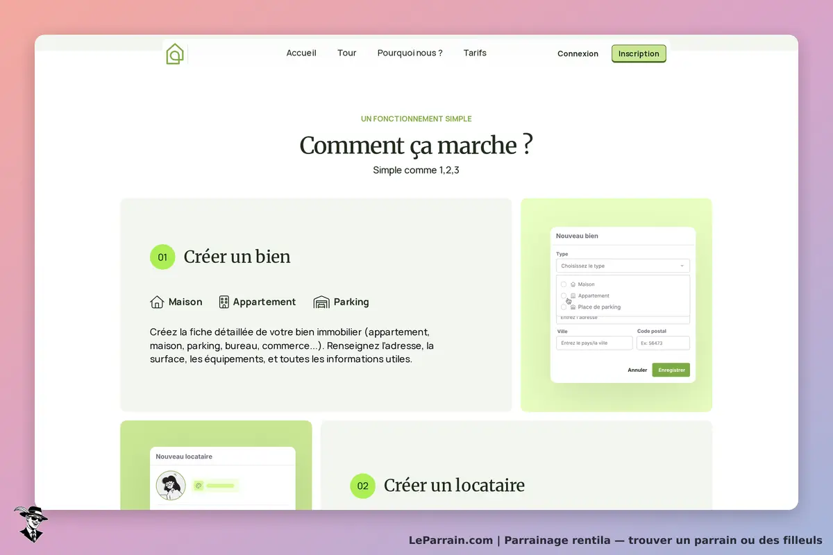 Rentila : page d'accueil avec étapes pour créer un bien immobilier et formulaire d'inscription