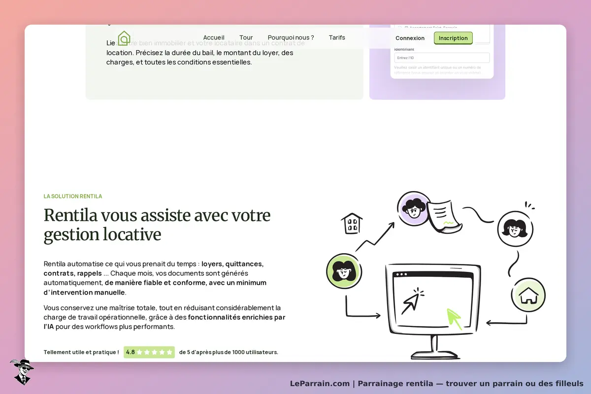 Rentila : page d'accueil présentant la gestion locative avec des illustrations et un formulaire