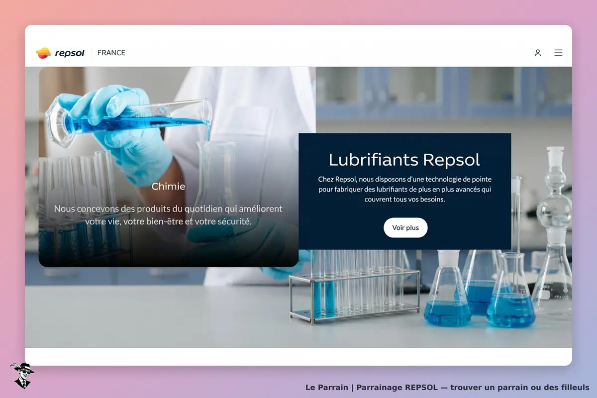 Repsol : page d'accueil présentant des produits chimiques et des lubrifiants avec des flacons