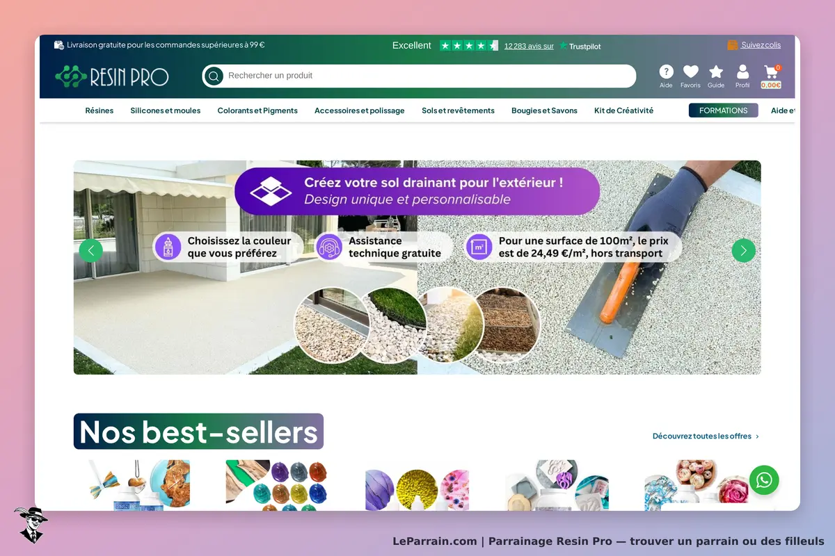 Resin Pro : page d'accueil avec options de produits et visuels de sols extérieurs
