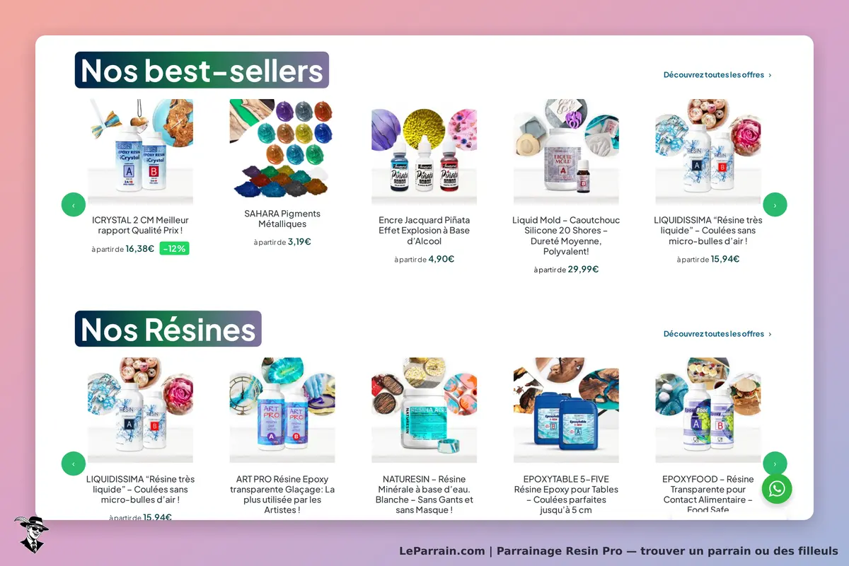 Resin Pro : page d'accueil avec best-sellers et résines affichées en vignettes
