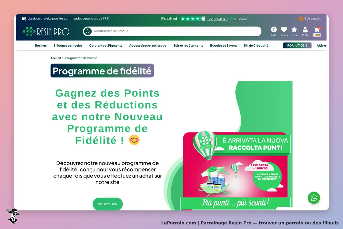 Resin Pro : page d'accueil présentant le programme de fidélité avec des éléments graphiques colorés