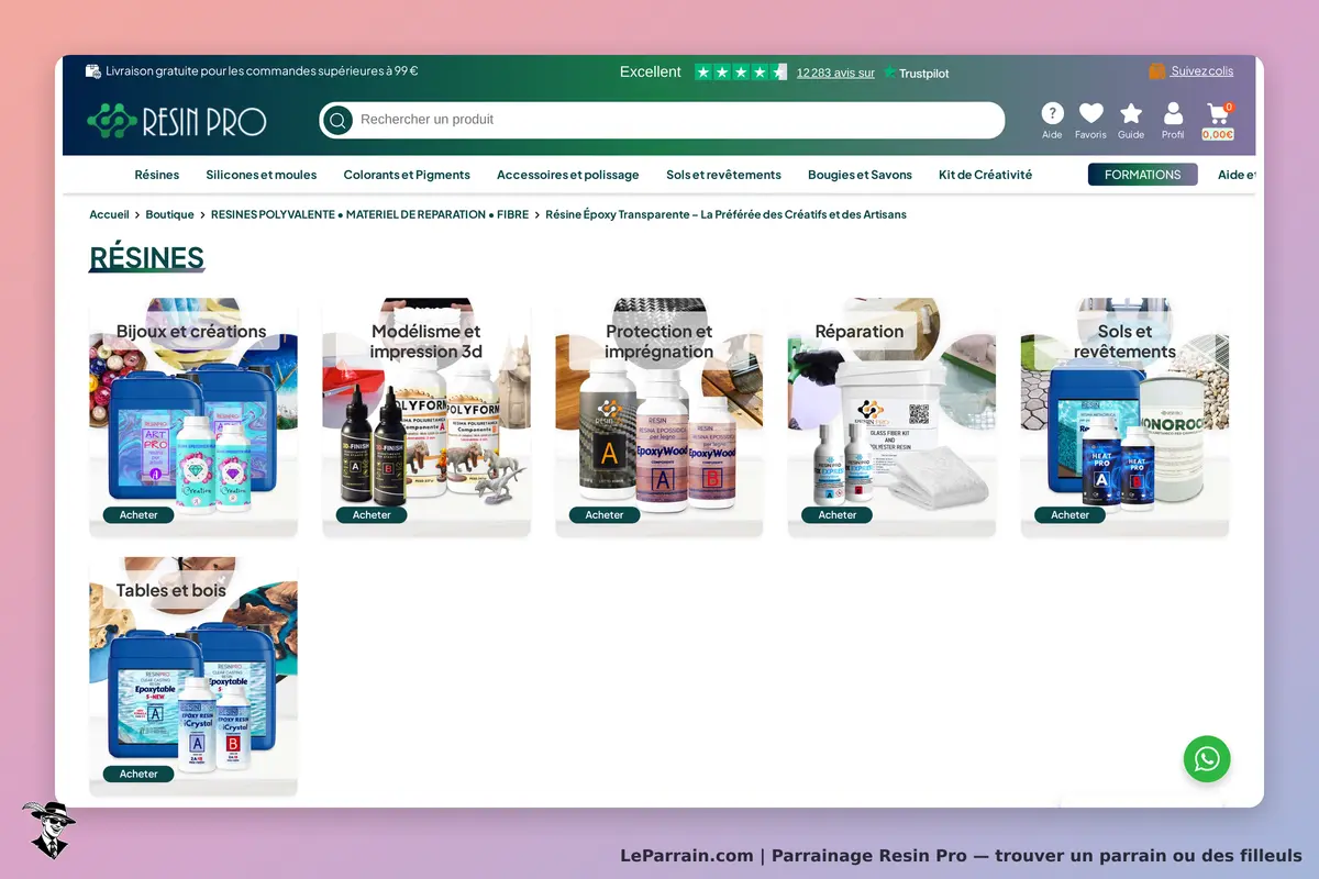 Resin Pro : vue de la catégorie résines avec divers produits et options d'achat affichés