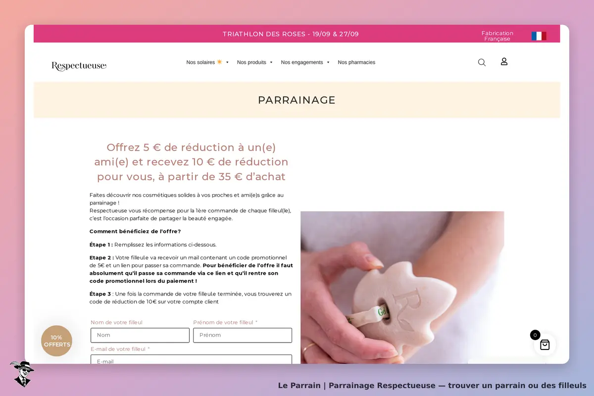 Respectueuse : page de parrainage avec formulaire et présentation d'un cosmétique solide
